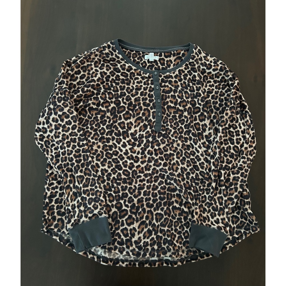 Secret Treasures Womens XL Leopard Print Henley Long Sleeve Pajama Top Brown